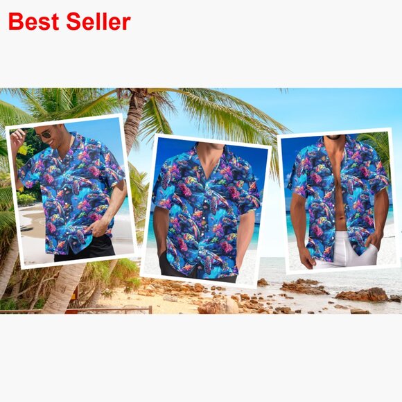 Polyester Spandex Button Down Shirt Short Sleeve Tropical - Picture 7 of 7